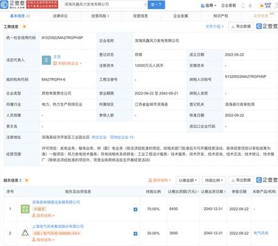 电气风电投资成立风力发电公司，注册资本1.2亿，聚焦风电场相关系统研发