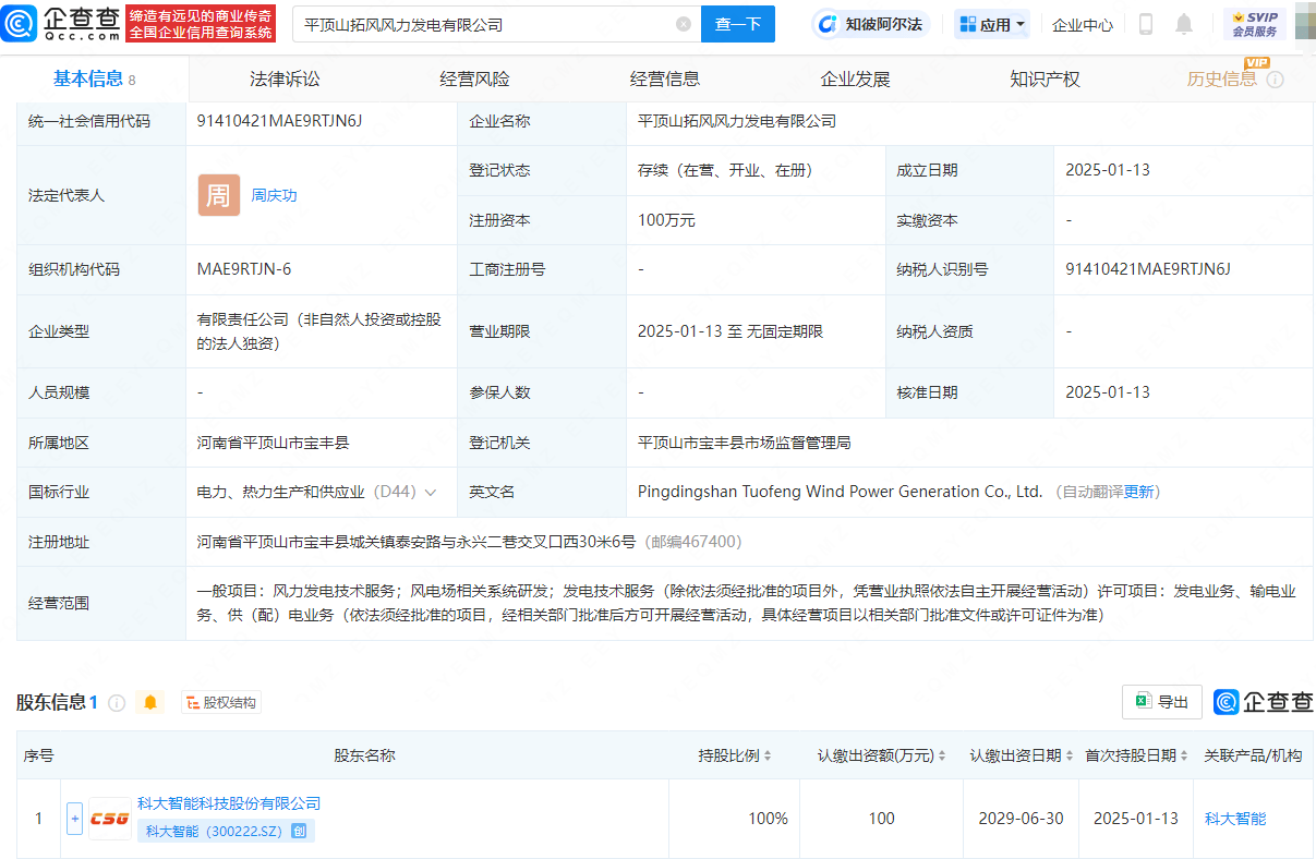 科大智能投资成立风力发电公司